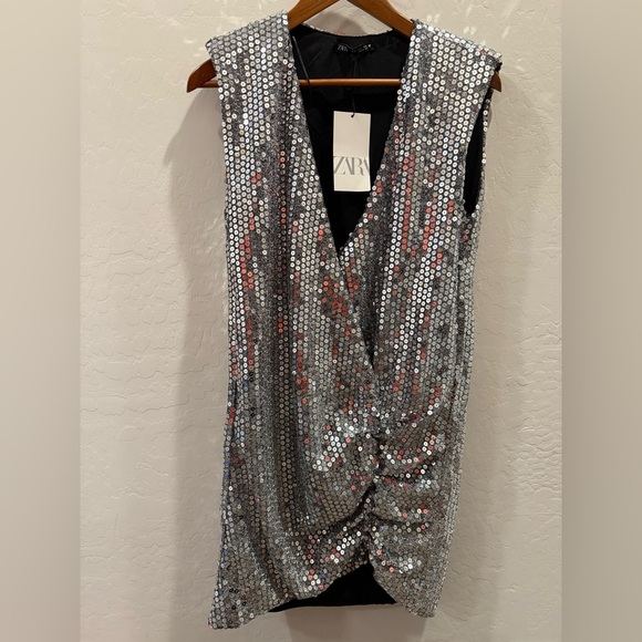 ZARA Silver Draped Sequin Mini Dress – Size Small – NWT - Picture 2 of 9